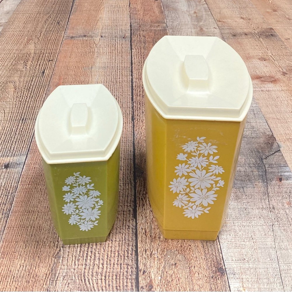 Vintage Plastic Floral Canister Set Harvest Gold Avocado Green 2pc Retro 70s
